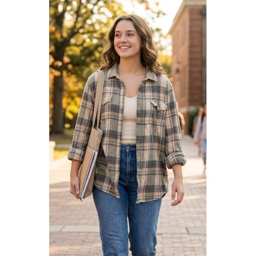Paige Plaid Flannel Button Down Shirt Large Green Tan Cotton Blend Soft sz L